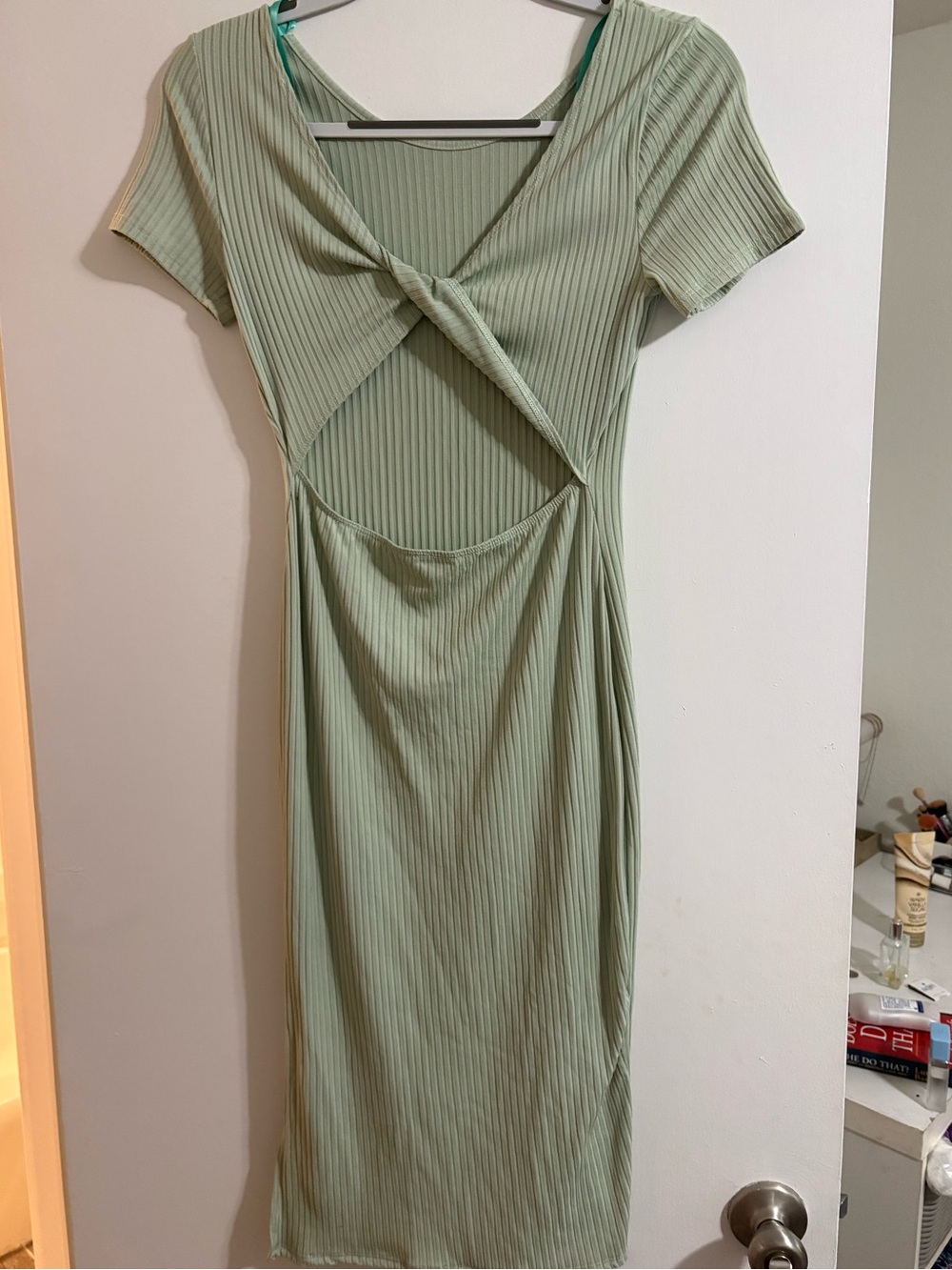 Twist Front Sage Green Midi Dress with Cutout
